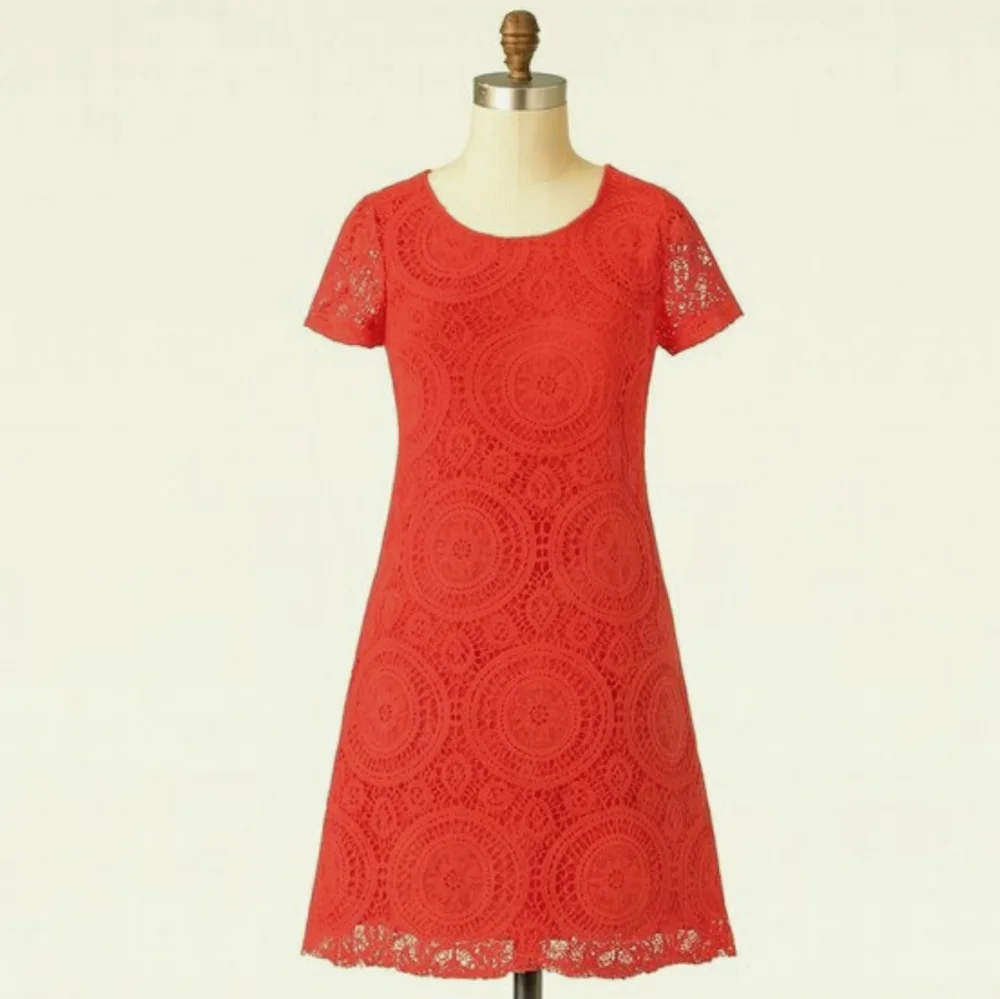 VINTAGE 90's Coral Red Crochet Lace Short Sleeve Shift Dress Tunic SMALL
